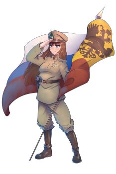 1girl absurdres belt belt_buckle boots brown_hair brown_jacket brown_pants buckle flag flagpole fluffkaiser full_body grey_eyes gun handgun hat high_collar highres holding holding_flag holding_pole imperial_russian_army imperial_russian_flag jacket leather_belt long_hair military_hat original pants pants_tucked_in peaked_cap pole revolver salute sheath sheathed shoulder_boards smile solo transparent_background weapon white_army