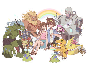 Rule 34 | absurdres, agumon, android, andromon, brother and sister, crown, digimon, digimon (creature), digimon adventure tri., highres, jacket, leomon, looking at viewer, numemon, orgemon, picklemon, scumon, siblings, skull, smile, tailmon, tyumon, wings, wizarmon, yagami hikari, yagami taichi