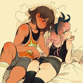 1boy 1girl alternate_eye_color ass ass_freckles aubrey_(faraway)_(omori) aubrey_(omori) black_panties black_skirt black_thighhighs blush body_freckles bow_hairband brown_hair commentary denim denim_skirt english_commentary freckles green_eyes grey_shorts hair_behind_ear hairband head_rest head_steam hetero highres jersey kel_(faraway)_(omori) kel_(omori) lace lace-trimmed_panties lace_trim lying manga_(object) miniskirt motion_lines multicolored_hair nervous_smile omori on_stomach orange_tank_top panties pink_hair roots_(hair) shorts signature sintastein skirt smile socks tan tank_top thighhighs underwear wavy_mouth white_socks