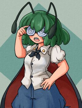 1girl :3 absurdres adjusting_eyewear antennae bespectacled black_cape blue_shorts blunt_bangs blush_stickers bow braces cape commentary english_commentary faux_traditional_media freckles glasses green_hair highres mcsquiddies opaque_glasses open_mouth puffy_short_sleeves puffy_sleeves red_cape round_eyewear shirt short_sleeves shorts solo touhou two-tone_cape white_shirt wriggle_nightbug