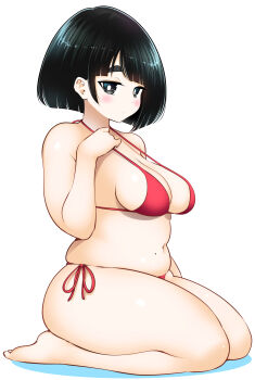 1girl absurdres big_mukimuki_&amp;_small_muchimuchi bikini black_eyes black_hair blunt_bangs blush breasts closed_mouth dot_mouth dot_nose full_body highres hinoharaf_(14310486) large_breasts medium_hair mole mole_on_stomach navel plump red_bikini seza shiina_(big_mukimuki_&amp;_small_muchimuchi) side-tie_bikini_bottom simple_background solo string_bikini swimsuit thick_eyebrows thick_thighs thighs white_background