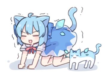 1girl ahoge all_fours animal_ears blue_dress blue_hair bow bowtie cat cat_ears cat_girl cat_stretch cat_tail cirno closed_eyes coa_(chroo_x) commentary_request dress full_body ice ice_wings kemonomimi_mode open_mouth pinafore_dress red_bow red_bowtie shirt short_hair short_sleeves simple_background sleeveless sleeveless_dress solo stretching tail touhou trembling white_background white_shirt wings