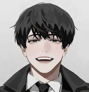 1boy :d aegyo_sal black_coat black_eyes black_hair black_necktie blackbox_(blackbox9158) coat collared_shirt curtained_hair kim_dokja looking_at_viewer male_focus necktie omniscient_reader&#039;s_viewpoint open_mouth shirt short_hair smile solo third-party_source white_shirt
