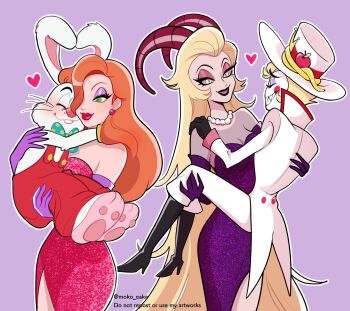 2boys 2girls animal_ears black_gloves blonde_hair buck_teeth closed_eyes commentary_request detached_sleeves eyeshadow fangs furry furry_with_non-furry gloves hair_over_one_eye hazbin_hotel heart hellaverse highres interspecies jessica_rabbit jewelry lifting_person lilith_(hazbin_hotel) lucifer_morningstar_(hazbin_hotel) makeup moko_eaka multiple_boys multiple_girls necklace overalls pearl_necklace pink_background purple_gloves rabbit_boy rabbit_ears animal_nose red_hair red_overalls roger_rabbit simple_background smile teeth white_fur white_headwear who_framed_roger_rabbit