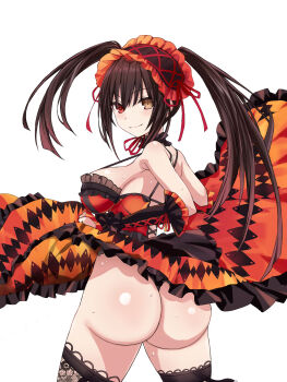 1girl ass black_hair black_thighhighs breasts clock_eyes commentary_request date_a_live detached_sleeves dress dress_shirt from_behind heterochromia highres large_breasts lolita_fashion long_hair no_panties red_dress red_eyes red_headdress saint_laurent_paris shirt simple_background smile solo symbol-shaped_pupils thighhighs tokisaki_kurumi twintails uneven_twintails white_background yellow_eyes