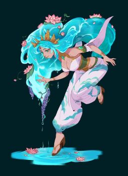 1girl apricot_knight baggy_pants blue_eyes blue_hair breasts cleavage flower high_heel_sandals highres liquid_hair long_hair lotus medium_breasts original pants pink_flower print_pants puddle sandals simple_background solo white_pants wisteria