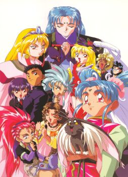 1990s_(style) 1boy 6+girls animal animal_on_shoulder aqua_hair bead_necklace beads bird black_hair blonde_hair body_freckles brown_eyes brown_hair cabbit choker closed_eyes computer constricted_pupils dark-skinned_female dark_skin earrings facial_mark flower forehead_mark freckles gloves green_eyes green_hair hair_flower hair_ornament hairband hakubi_washuu hat hat_feather hat_flower high_ponytail highres holding holding_animal holding_microphone jewelry kawai_chihiro_(pretty_sammy) kawai_sasami kuramitsu_mihoshi layered_sleeves long_hair magical_girl mahou_shoujo_pretty_sammy makibi_kiyone masaki_aeka_jurai masaki_sasami_jurai masaki_tenchi microphone multiple_girls necklace non-web_source official_art on_lap open_mouth orange_eyes pink_eyes pink_hair pixy_misa pointy_ears ponytail pretty_sammy_(character) purple_hair purple_hairband red_choker red_eyes red_gloves retro_artstyle ryou-ouki ryouko_(tenchi_muyou!) scan school_uniform simple_background smile spiked_hair tenchi_muyou! tiara tsunami_(tenchi_muyou!) twintails very_long_hair whiskers white_background yellow_eyes