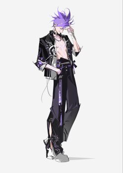 1boy bandaged_hand bandages bead_necklace beads black_choker black_pants black_shirt body_markings choker closed_eyes dragon_boy_(to_be_hero_x) earrings full_body hand_in_pocket highres jewelry male_focus necklace open_clothes open_shirt pants parted_lips print_shirt purple_hair sd2190392804 shirt shoes short_hair smile solo spiked_hair to_be_hero to_be_hero_x white_shoes