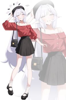 Rule 34 | 123nasub, 1girl, absurdres, alternate costume, ankle socks, bag, beret, black hat, black skirt, blue archive, bra strap, commentary, earclip, elf, grin, hair ornament, hairclip, halo, hand on headwear, handbag, hat, highres, himari (blue archive), light blush, long hair, long legs, mary janes, miniskirt, mole, mole under eye, multicolored halo, off-shoulder shirt, off shoulder, pointy ears, purple eyes, red shirt, shirt, shoes, short sleeves, skirt, smile, socks, solo focus, standing, two-tone halo, very long hair, white halo, white socks, zoom layer