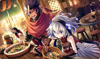 1girl 3boys balt_(ta_ga_tame_no_alchemist) bandana barrel beer_mug black_gloves candle closed_mouth colored_inner_hair commentary cup dark-skinned_male dark_skin dress fingerless_gloves flower fork gloves grey_hair hair_between_eyes holding holding_fork holding_spoon indoors mug multicolored_hair multiple_boys official_art open_mouth purple_flower purple_hair red_bandana running sharp_teeth short_hair sitting sleeveless sleeveless_dress spoon stool ta_ga_tame_no_alchemist table teeth third-party_source two-tone_hair white_hair zofia_(ta_ga_tame_no_alchemist)