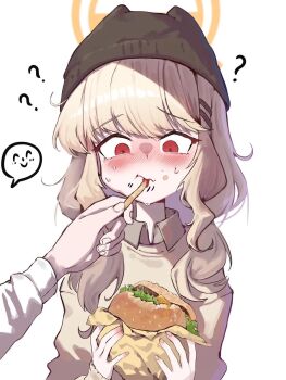 1boy 1girl ? aoba_(blue_archive) black_hat blonde_hair blue_archive blush collared_shirt doodle_sensei_(blue_archive) feeding food hair_ornament hairclip halo hat highres kongaru_123 long_hair red_hair sensei_(blue_archive) shirt simple_background solo_focus white_background yellow_halo