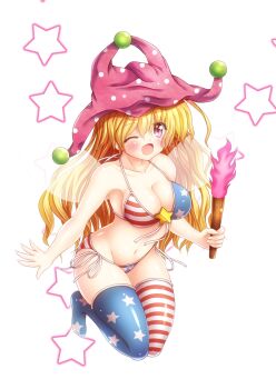 1girl ;d alternate_breast_size_(larger) american_flag american_flag_bikini american_flag_legwear american_flag_print asymmetrical_legwear bare_arms bikini blonde_hair blue_thighhighs blush breasts cleavage clownpiece collarbone commentary_request fairy_wings fire flag_print flag_print_bikini full_body groin hair_between_eyes hat highres holding holding_torch jester_cap large_breasts long_hair mismatched_legwear navel one_eye_closed open_mouth osashin_(osada) polka_dot_headwear print_bikini purple_eyes purple_hair side-tie_bikini_bottom smile solo star_(symbol) striped_clothes striped_thighhighs swimsuit thighhighs torch touhou very_long_hair white_background wings