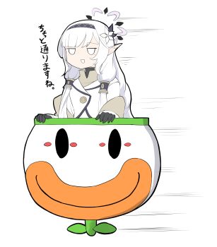 1girl :d absurdres black_gloves blue_archive coat crossover flower gloves hair_flower hair_ornament hair_tubes hairband halo high_collar highres himari_(blue_archive) koopa_clown_car long_hair mario_(series) mole mole_under_eye monster_hunter_(series) monster_hunter_wilds nintendo nubebenbe open_mouth pointy_ears propeller smile striped_clothes striped_hairband turtleneck white_coat white_hair