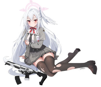 1girl artist_name assault_rifle black_thighhighs blue_archive blush closed_mouth commentary_request feathered_wings grey_jacket grey_skirt gun halo head_wings highres jacket long_hair long_sleeves looking_at_viewer magazine_(weapon) neck_ribbon neckerchief pantyhose pink_halo pleated_skirt red_eyes red_ribbon ribbon rifle shirt sig_mcx sig_sauer simple_background single_head_wing sitting skirt solo striped_neckerchief suzumi_(blue_archive) thighhighs thighs torn_clothes torn_pantyhose weapon white_background white_hair white_shirt white_wings wings xnnagu yokozuwari zettai_ryouiki