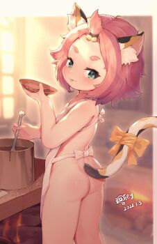 1girl :p absurdres animal_ears apron artist_name ass back blurry blurry_background cat_ears cat_girl cat_tail dated diona_(genshin_impact) female_focus genshin_impact green_eyes highres innerkey_(kgfw5338) loli looking_at_viewer looking_back naked_apron pink_hair short_hair solo standing tail tongue tongue_out white_apron