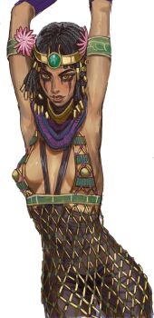 1girl ancient_egyptian armlet arms_up dark_skin hair_ornament highres jewelry makeup mossacannibalis revealing_clothes solo total_war white_background