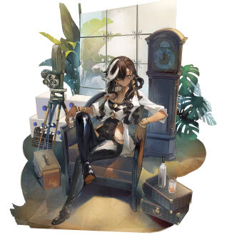 1girl absurdres armchair bird_of_paradise_flower black_footwear black_hair black_unitard bottle bracelet breasts brown_eyes case centurion_(reverse:1999) chair clapperboard cleavage clock clothing_cutout crossed_legs cup curly_hair dark-skinned_female dark_skin dice earrings flower full_body glass glass_wall grandfather_clock hair_over_shoulder highres holding holding_cup jewelry long_hair looking_at_viewer medium_breasts monstera_deliciosa movie_camera multicolored_hair necklace on_chair open_clothes open_shirt plant reverse:1999 shirt side_cutout sitting three-quarter_sleeves smile solo strash streaked_hair suitcase swept_bangs thigh_cutout unitard white_background white_hair white_shirt wine_bottle
