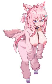 1girl animal_ears antenna_hair between_breasts black_choker blue_eyes blush braid breasts breasts_out chest_harness choker cl_oor clothing_cutout collarbone commentary crossed_bangs grey_socks hair_ornament hair_ribbon hairclip hakui_koyori harness heart heart_choker heart_hair_ornament hololive hood hoodie huge_breasts leaning_forward long_hair long_sleeves looking_to_the_side multicolored_eyes multicolored_socks nervous_smile nipples one_side_up open_mouth pajamas pink_hair pink_hoodie pink_pajamas pink_tail pixel_art purple_eyes purple_socks ribbon simple_background sleeves_past_fingers sleeves_past_wrists smile socks solo strap_between_breasts striped_clothes striped_socks tail tail_through_clothes transparent_background two-tone_eyes virtual_youtuber white_ribbon wolf_ears wolf_girl wolf_tail