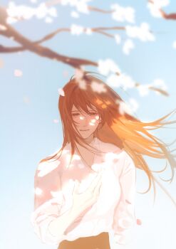 1girl absurdres blouse brown_eyes brown_hair cherry_blossoms cherry_tree commentary cowboy_shot dappled_sunlight day falling_petals floating_hair half-closed_eyes hand_up highres long_hair looking_at_viewer lp_(sangkuranak) omniscient_reader&#039;s_viewpoint outdoors petals shirt smile solo sunlight symbol-only_commentary white_shirt wind yoo_sangah