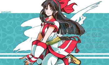 1girl ainu_clothes arm_support artist_name black_hair breasts dated fingerless_gloves gloves grey_eyes hair_ribbon highres kneeling legs lips long_hair looking_at_viewer medium_breasts nakoruru pants ribbon samurai_spirits smile snk solo the_king_of_fighters thighs weapon