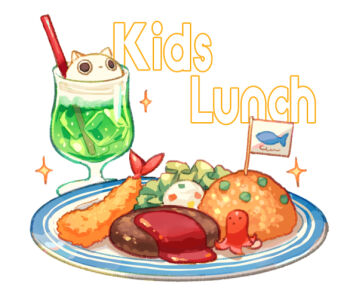 Rule 34 | cat, commentary request, cup, drinking glass, drinking straw, flag, food, food focus, food name, hamburger steak, ketchup, lettuce, melon soda, no humans, okosama lunch, original, plate, rice, shrimp, shrimp tempura, simple background, sparkle, suzaku (zaku6584), tempura, white background