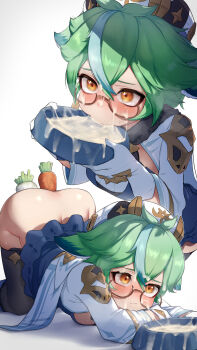 1girl anal anal_object_insertion animal_ears ass blush bowl breasts cape carrot cat_ears cum cum_in_container cum_on_body cum_on_hair cumdrip dog_bowl embarrassed facial food food_in_ass food_insertion genshin_impact gloves gokkun green_hair hat highres hizake_mozu looking_to_the_side medium_breasts multicolored_hair object_insertion orange_eyes pet_bowl semi-rimless_eyewear sucrose_(genshin_impact) top-down_bottom-up turnip two-tone_hair vaginal vaginal_object_insertion white_gloves