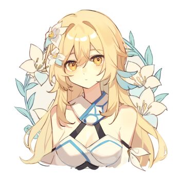 1girl alternate_hair_length alternate_hairstyle bare_shoulders blonde_hair breasts cleavage closed_mouth flower genshin_impact hair_flower hair_ornament highres long_hair looking_at_viewer lumine_(genshin_impact) medium_breasts reido_0723 simple_background solo upper_body white_background yellow_eyes