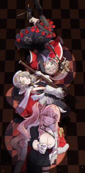 3girls :d absurdres alternate_costume animal_ears arm_behind_head beret black_dress black_nails blonde_hair blue_eyes boots breasts cape checkered_background cleavage coat curly_hair dress erma_(girls&#039;_frontline) expressionless feathered_wings girls&#039;_frontline girls&#039;_frontline_2:_exilium gloves green_eyes hair_between_eyes hand_on_own_hip hand_up hat high_heel_boots high_heels highres holding holding_microphone large_breasts long_hair lotan medium_breasts medium_hair microphone multicolored_eyes multiple_girls nail_polish open_mouth pantyhose persicaria_(neural_cloud) pink_eyes pink_hair print_dress red_coat sharkry_(girls&#039;_frontline_2) side_ponytail sleeveless sleeveless_dress small_breasts smile star-shaped_pupils star_(symbol) symbol-shaped_pupils teeth thighhighs two-tone_eyes upper_teeth_only upside-down very_long_hair white_cape white_gloves white_wings wings yellow_eyes