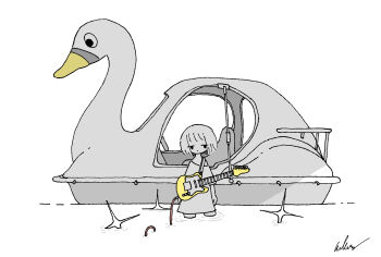Rule 34 | 1girl, absurdres, arms at sides, commentary, electric guitar, greyscale, guitar, highres, instrument, kaduise, looking at viewer, monochrome, original, oversized clothes, oversized shirt, shirt, short hair, signature, solo, sparkle, spot color, standing, swan boat, wading, water