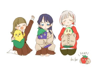 >_< 3girls :d avocado_(love_live!) blue_eyes blue_hair bob_cut braid brown_cardigan brown_dress brown_hair cardigan center-flap_bangs clenched_hand closed_eyes colored_inner_hair commentary_request conno-san_(love_live!) dollchestra dress full_body grey_hair half_updo hasu_no_sora_school_uniform holding holding_stuffed_toy inverted_bob kachimachi_kosuzu kase_(ks_lys) link!_like!_love_live! long_hair long_sleeves love_live! multicolored_hair multiple_girls murano_sayaka nasu-san_(love_live!) neckerchief open_cardigan open_clothes open_mouth raised_fist red_hair red_neckerchief red_streaks red_sweater sailor_collar sailor_dress school_uniform seiza side_braids simple_background sitting smile streaked_hair stuffed_animal stuffed_avocado stuffed_corn stuffed_eggplant stuffed_food stuffed_tomato stuffed_toy sweater tomati_(love_live!) twitter_username virtual_youtuber wariza white_background white_sailor_collar winter_uniform xd yugiri_tsuzuri