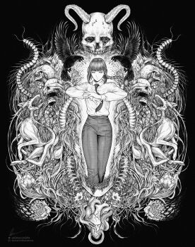 1girl absurdres bird bird_wings black_background black_feathers black_wings braid bug centipede chainsaw_man collared_shirt covered_eyes crow demon_horns disintegration dog eyeball feathers floating_hair flower greyscale heart_(organ) highres horns long_hair looking_at_viewer makima_(chainsaw_man) marvin_(omarvin) monochrome necktie own_hands_together pants plant ribs ringed_eyes rose shirt sidelocks signature single_braid skull solo spine white_shirt wings worm