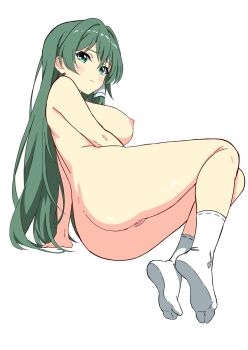 1girl ass blue_eyes blush breasts closed_mouth commentary embarrassed full_body furrowed_brow green_hair hair_between_eyes hair_tubes highres kochiya_sanae large_breasts legs_together long_hair looking_at_viewer lying nipples nude on_side pussy simple_background single_hair_tube socks solo suiu_shinotsuku touhou uncensored white_background white_socks