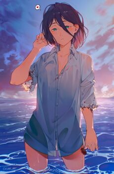 Rule 34 | 1girl, artist name, blood, blood on clothes, blush, cesar art456, chainsaw man, cloud, cloudy sky, collared shirt, cowboy shot, green eyes, heart, highres, looking at viewer, medium hair, ocean, purple hair, reze (chainsaw man), shirt, sky, solo, spoken heart, standing, transparent background, wet, white shirt
