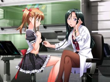 2girls breasts clothes_lift doctor examination physical_examination multiple_girls nipples no_bra nylons shirt_lift sitting stethoscope