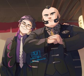 2boys black-framed_eyewear black_hair black_jacket ceiling closed_mouth collared_shirt commentary_request corbeau_(pokemon) cracking_knuckles facial_hair frown glasses grey_asa grey_eyes hand_on_another&#039;s_shoulder hand_up highres indoors jacket long_sleeves male_focus multiple_boys necktie nintendo one_eye_closed open_clothes open_jacket philippe_(pokemon) pokemon pokemon_legends:_z-a purple_shirt round_eyewear shirt signature vest yellow_eyes yellow_necktie