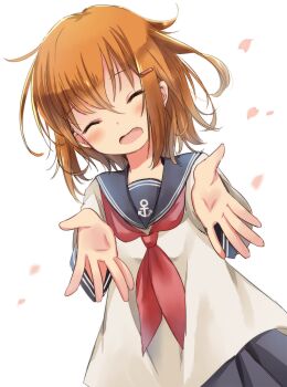 1girl anchor_symbol black_sailor_collar black_skirt blush brown_hair closed_eyes commentary_request dutch_angle facing_viewer falling_petals fang hair_between_eyes hair_ornament hairpin highres ikazuchi_(kancolle) kantai_collection long_sleeves medium_hair motohara_moka neckerchief open_mouth outstretched_arms petals pink_petals pleated_skirt reaching reaching_towards_viewer red_neckerchief sailor_collar school_uniform serafuku shirt sidelocks skirt solo upper_body white_background white_shirt