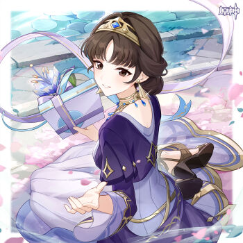 Rule 34 | 1girl, absurdres, blue gem, box, brown eyes, brown hair, brown shoes, chinese commentary, commentary request, dress, dunyarzad (genshin impact), earrings, gem, genshin impact, gift, gift box, hairband, high heels, highres, holding, holding gift, jewelry, long hair, long sleeves, looking at viewer, official art, padisarah flower, shoes, sitting, smile, solo, wide sleeves, yokozuwari