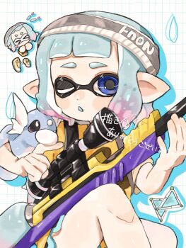 Rule 34 | 1girl, blue eyes, blue hair, chibi, chibi inset, colored tips, dolphin shorts, dot nose, dratini, gen 1 pokemon, grey headband, grid background, hashtag-only commentary, headband, himama rt, inkling, inkling girl, inkling player character, looking at viewer, medium hair, multicolored hair, multiple views, nintendo, one eye closed, open mouth, pink hair, pointy ears, pokemon, pokemon (creature), print headband, scope, shirt, shorts, splat bomb (splatoon), splat charger (splatoon), splatoon (series), splatoon 3, tentacle hair, thick eyebrows, translation request, two-tone hair, white background, yellow shirt