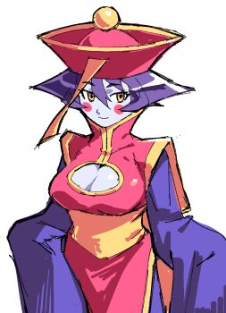 Rule 34 | 1girl, blush stickers, breasts, chinese clothes, cleavage cutout, clothing cutout, colored skin, commentary, darkstalkers, dress, english commentary, hair between eyes, hat, highres, hsien-ko, jiangshi, looking at viewer, pink tabard, purple dress, purple hair, purple skin, qingdai guanmao, simple background, sleeves past fingers, sleeves past wrists, solo, spdcooler, tabard, white background, yellow eyes