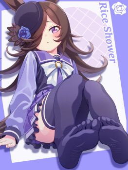 1girl animal_ears blue_flower blue_rose blush bow bowtie brown_hair character_name closed_mouth commentary_request flipped_hair flower hair_over_one_eye hat hat_flower highres hokuyukis horse_ears horse_girl horse_tail long_hair long_sleeves looking_at_viewer pleated_skirt purple_eyes purple_sailor_collar purple_serafuku purple_shirt purple_skirt purple_thighhighs rice_shower_(umamusume) rose sailor_collar sailor_shirt school_uniform serafuku shirt skirt solo tail thighhighs thighs tilted_headwear tracen_school_uniform umamusume white_bow white_bowtie zettai_ryouiki
