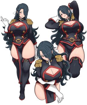 1girl anti-demon_corps_uniform arm_under_breasts arms_behind_head azuma_fubuki belt black_boots black_eyes black_hair black_jacket blush boots braid breasts brown_belt cleavage cleavage_cutout closed_mouth clothing_cutout commentary_request cropped_legs epaulettes fold-over_boots full_body gloves hair_over_one_eye hand_on_own_arm hand_up highres index_finger_raised ishinabe_art jacket large_breasts long_hair looking_at_viewer looking_to_the_side mato_seihei_no_slave mature_female military_uniform multiple_views one_eye_covered open_mouth parted_lips pelvic_curtain red_trim sideways_glance simple_background smile standing thigh_boots very_long_hair white_background white_gloves