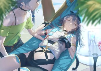 Rule 34 | 2girls, absurdres, black gloves, casual, closed eyes, closed mouth, commentary request, fingerless gloves, fu hua, fu hua (night squire), fu hua (spring traveler), glass, gloves, goggles, goggles around neck, green shirt, hammock, herrscher of sentience, herrscher of sentience (ooh! summer!), highres, honkai (series), honkai impact 3rd, long hair, multiple girls, open mouth, outdoors, saliva, shirt, sleeping, smile, summer, visor cap, wow+