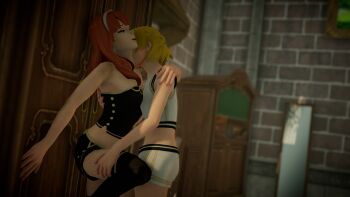 2girls 3d black_shorts black_thighhighs black_tube_top blonde_hair braid cabinet celica_(fire_emblem) door earrings exaltedbrand fire_emblem fire_emblem_echoes:_shadows_of_valentia fire_emblem_warriors highres jewelry kiss kissing_neck leg_lift lianna_(fire_emblem) long_hair multiple_girls nintendo official_alternate_costume orange_eyes orange_hair princess red_eyes red_hair short_hair shorts strapless tank_top thighhighs tiara tube_top white_shorts white_tank_top yuri