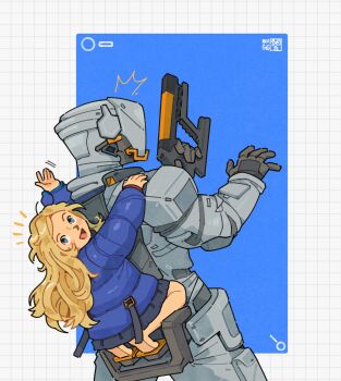 1boy 1girl :d arms_up bare_legs barefoot blonde_hair blue_coat blue_eyes carrying coat commentary cowboy_shot diana_(pragmata) english_commentary from_behind grid_background gun hand_on_another's_shoulder hands_up helmet highres holding holding_gun holding_weapon hugh_williams kneeling long_hair long_sleeves looking_at_viewer looking_back nevgig notice_lines open_mouth padded_coat piggyback pragmata puffy_long_sleeves puffy_sleeves sleeves_past_wrists smile space_helmet spacesuit standing turning_head waving weapon