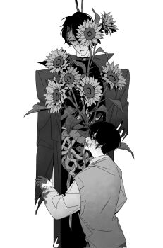 2boys bags_under_eyes benkdjjituibot black_coat black_eyes black_hair black_shirt blood blood_on_clothes blood_on_face blood_on_hands cannibalism coat curtained_hair flower grey_vest greyscale head_tilt height_difference highres intestines kim_dokja looking_at_another looking_back male_focus monochrome multiple_boys multiple_scars oldest_dream omniscient_reader&#039;s_viewpoint one_eye_covered open_mouth organs popped_collar reaching reaching_towards_another scar scar_on_face secretive_plotter severed_arm severed_limb shirt short_hair sunflower too_many_flowers vest white_shirt yoo_joonghyuk