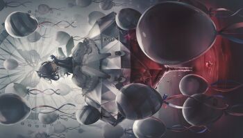 Rule 34 | 1girl, alternate hair color, asahina mafuyu, balloon, black hair, bug, butterfly, colorful palette, dress, elbow gloves, empty eyes, full body, game cg, gloves, grey eyes, highres, insect, limited palette, muted color, official alternate costume, official art, pantyhose, ponytail, project sekai, shoes, sitting, solo, third-party source, unreliable notes (project sekai), white dress