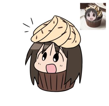 1girl azumanga_daiou black_eyes brown_hair chocolate chocolate_sprinkles cupcake farhan_melukis food happy head_only icing kasuga_ayumu long_hair open_mouth photo-referenced shout_lines simple_background sprinkles vanilla vanilla_icing white_background