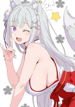 1girl ;d alternate_costume animal_ears breasts commentary_request emilia_(re:zero) extra_ears flower fox_ears fox_girl fox_shadow_puppet fox_tail grey_hair hair_flower hair_ornament highres japanese_clothes kemonomimi_mode large_breasts long_hair miko one_eye_closed open_mouth purple_eyes re:zero_kara_hajimeru_isekai_seikatsu remnia sideboob simple_background smile solo tail translation_request white_background