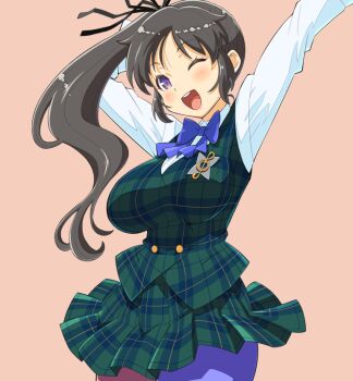 Rule 34 | 1girl, aria (senran kagura), arm behind head, black hair, black ribbon, blue bow, blue bowtie, blush, bow, bowtie, breasts, commentary, haganemaru kennosuke, hair ribbon, jumping, large breasts, leggings, long hair, long sleeves, looking at viewer, midair, musical note, one eye closed, open mouth, pink leggings, plaid clothes, plaid skirt, plaid vest, ponytail, purple eyes, purple leggings, ribbon, school uniform, senran kagura, senran kagura new wave, shirt, shuriken print, simple background, skirt, smile, solo, two-tone leggings, vest, white shirt