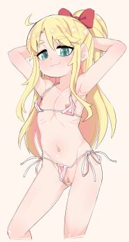 1girl :3 armpits arms_behind_head arms_up bikini bikini_top_pull blonde_hair blush bow cleft_of_venus closed_mouth collarbone eyebrows_hidden_by_hair feet_out_of_frame female_focus flat_chest green_eyes hair_bow himesaka_noa loli long_hair looking_at_viewer micro_bikini naughty_face navel nipples pafiiroru pink_background pink_bikini ponytail pussy red_bow ribs side-tie_bikini_bottom simple_background smile smug solo standing swimsuit watashi_ni_tenshi_ga_maiorita!
